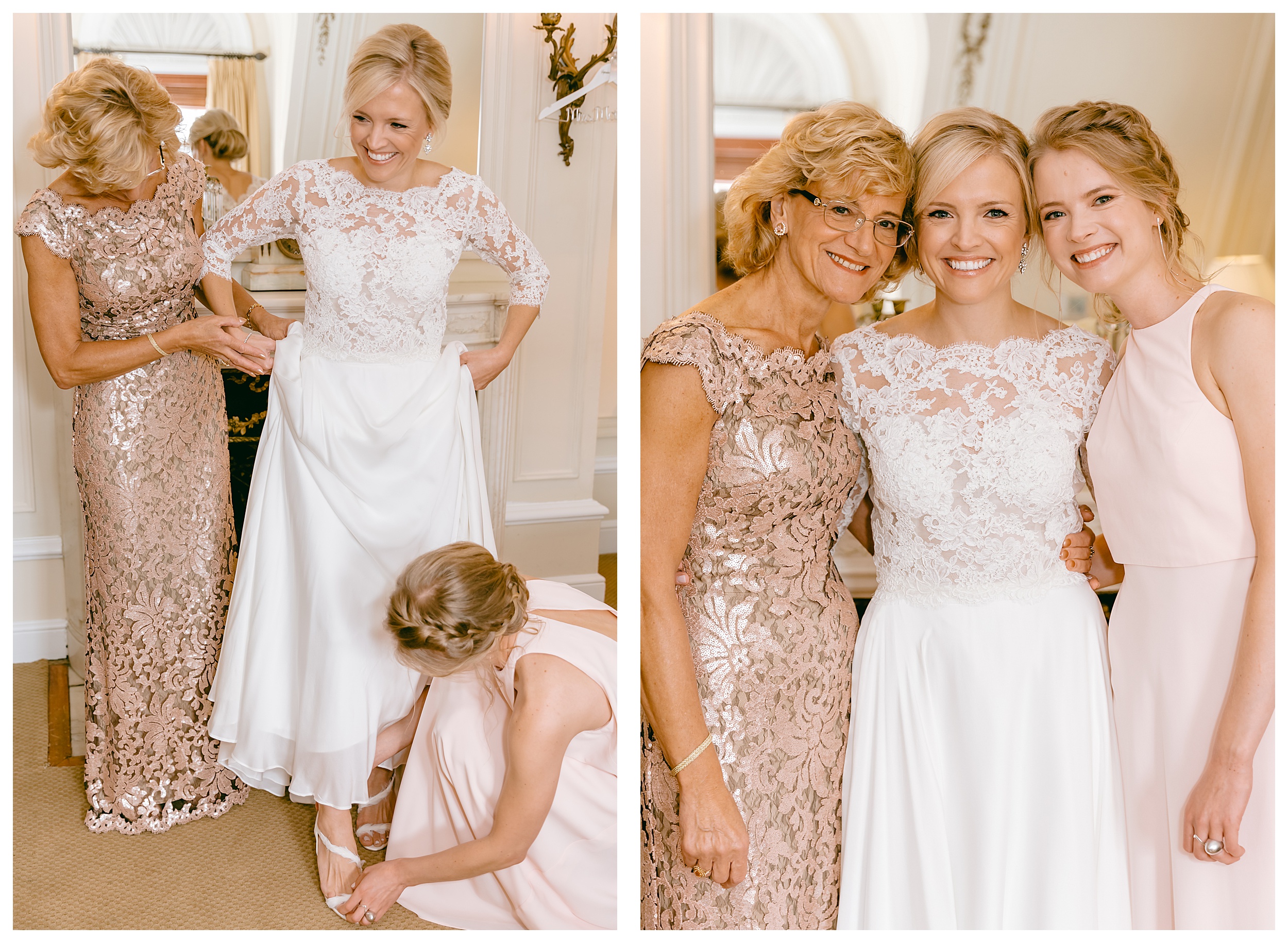 getting ready lace dress bride and mom
