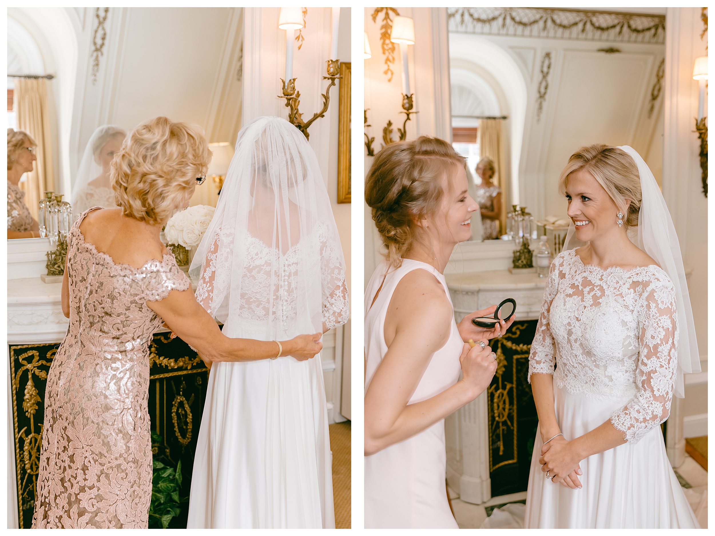 mom putting on brides veil smiling with sister