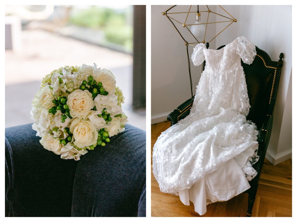 bouquet of white roses and white lace flower wedding dress at the line hotel in washington dc