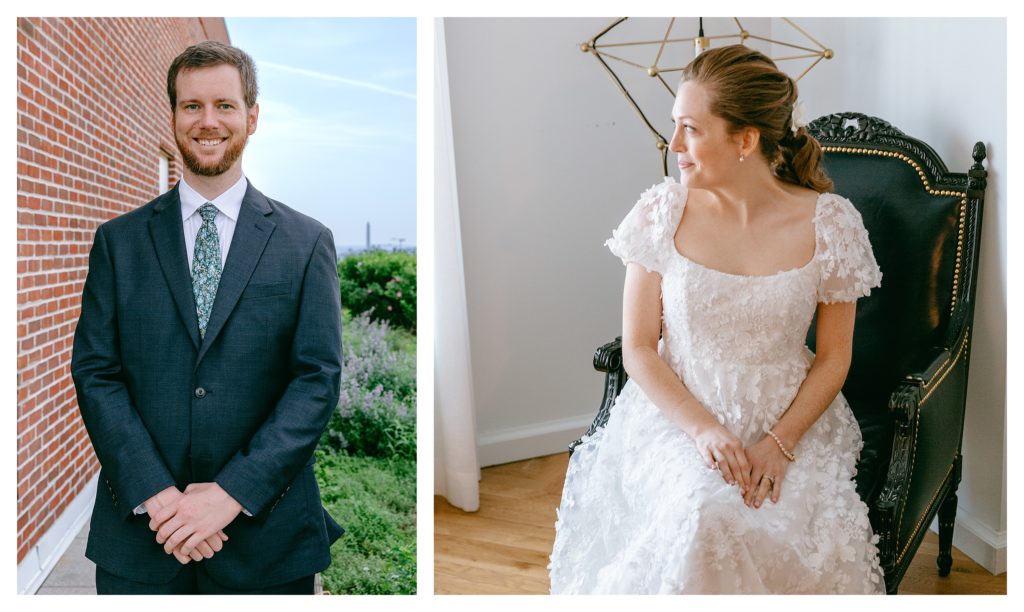 portraits of the groom and bride smiling in wedding day suit and dress