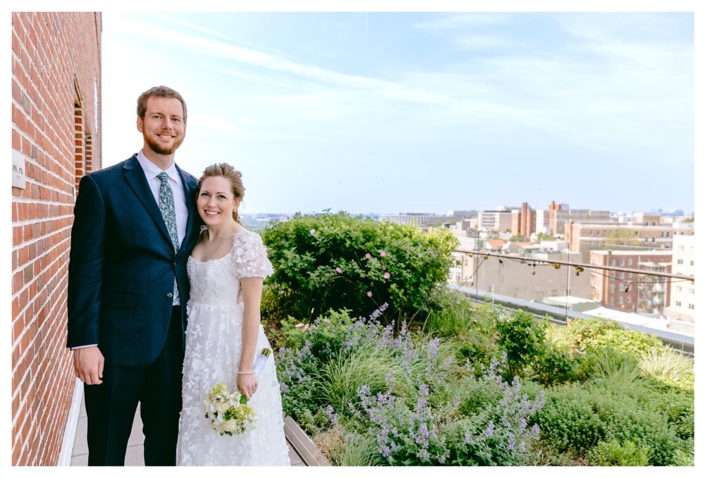 classic portrait of first look bride and groom on rooftop of the line hotel in washington dc