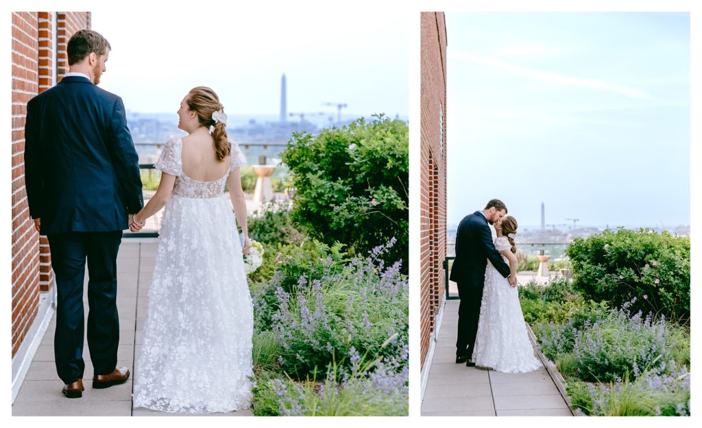 portraits of couple walking on rooftop with washington monument in background