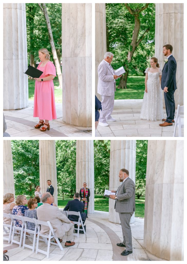 guests at the wedding perform readings at the ceremony inside the dc war memorial in washington dc on the national mall