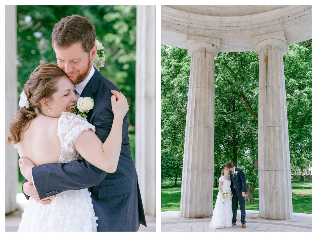 bride and groom hugging and kissing after their wedding in the dc war memorial in washington dc on the national mall after their wedding
