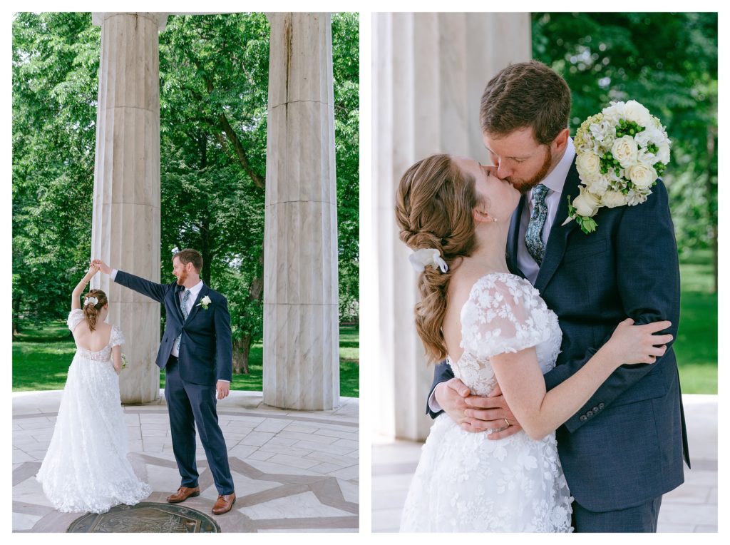 couple dancing and kissing in the dc war memorial on the national mall in washington dc after exchanging vows at their wedding ceremony