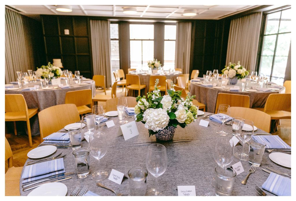 wide shot of wedding reception room with table settings and flowers at the line hotel in adams morgan neighborhood in washington dc