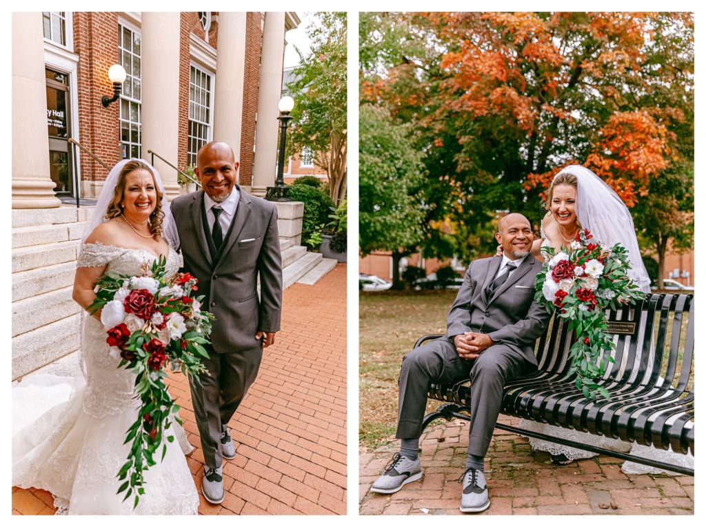 bride and groom portraits at court house and in public park in fredericksburg virginia VA