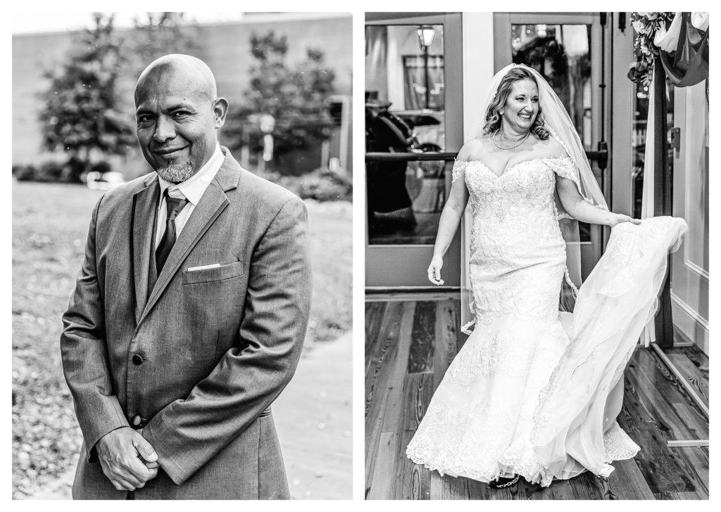 individual portraits of bride and groom on wedding day