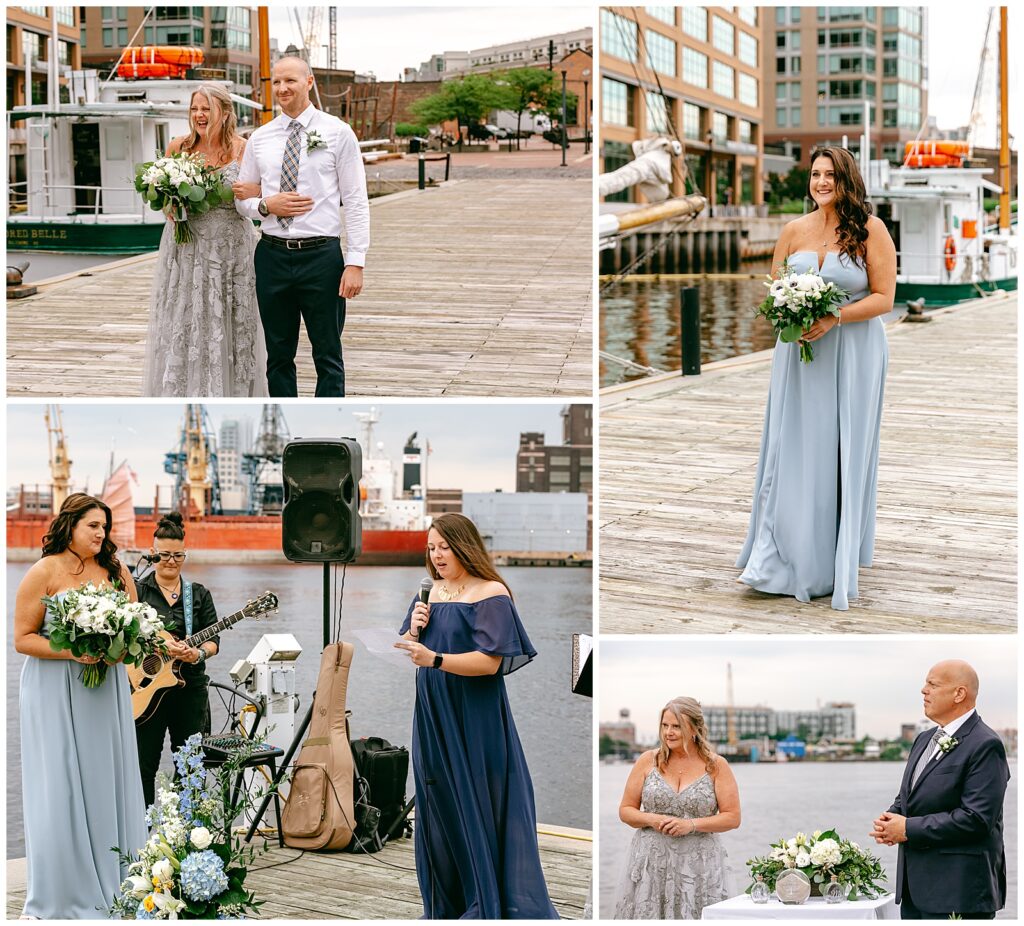 wedding party begins walking down the dock of the harbor by the water and bride and groom begin going down aisle for wedding