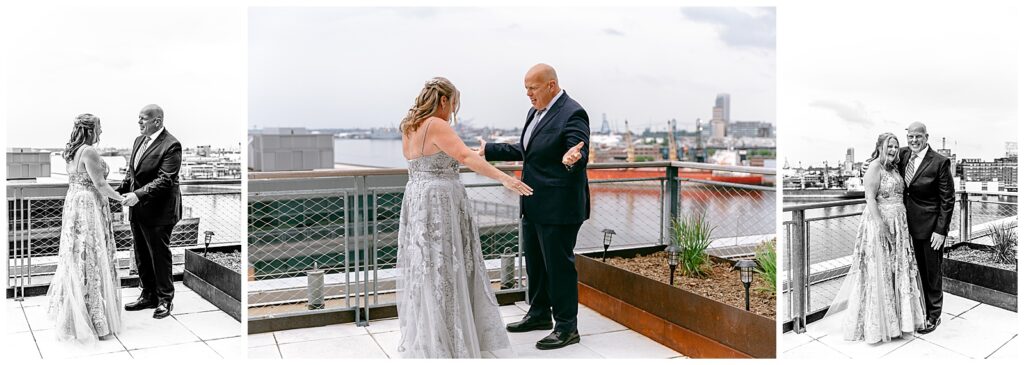 NYC bride and groom have their first look on their wedding day on top of a roof overlooking the harbor