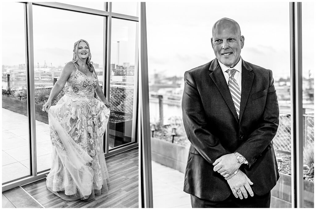 Brooklyn bride and groom pose for individual portraits with harbor skyline in background