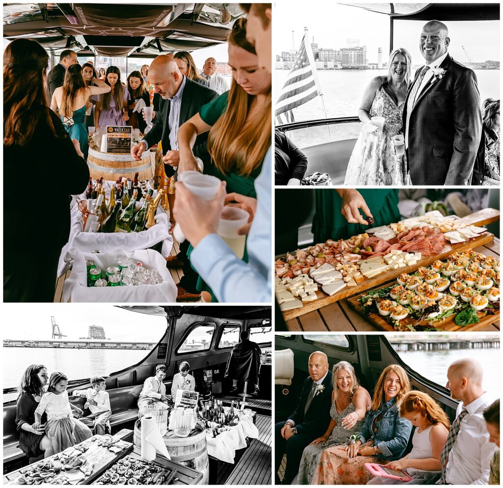 guests of NY couple enjoy Hors d'oeuvres on the boat ride along the harbor in the water taxi 