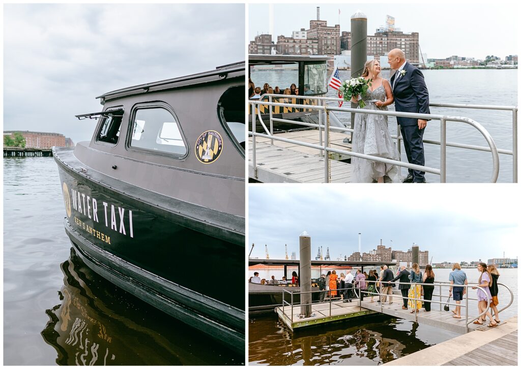 bride and groom take water taxi cruise around harbor for wedding day as a cocktail hour experience