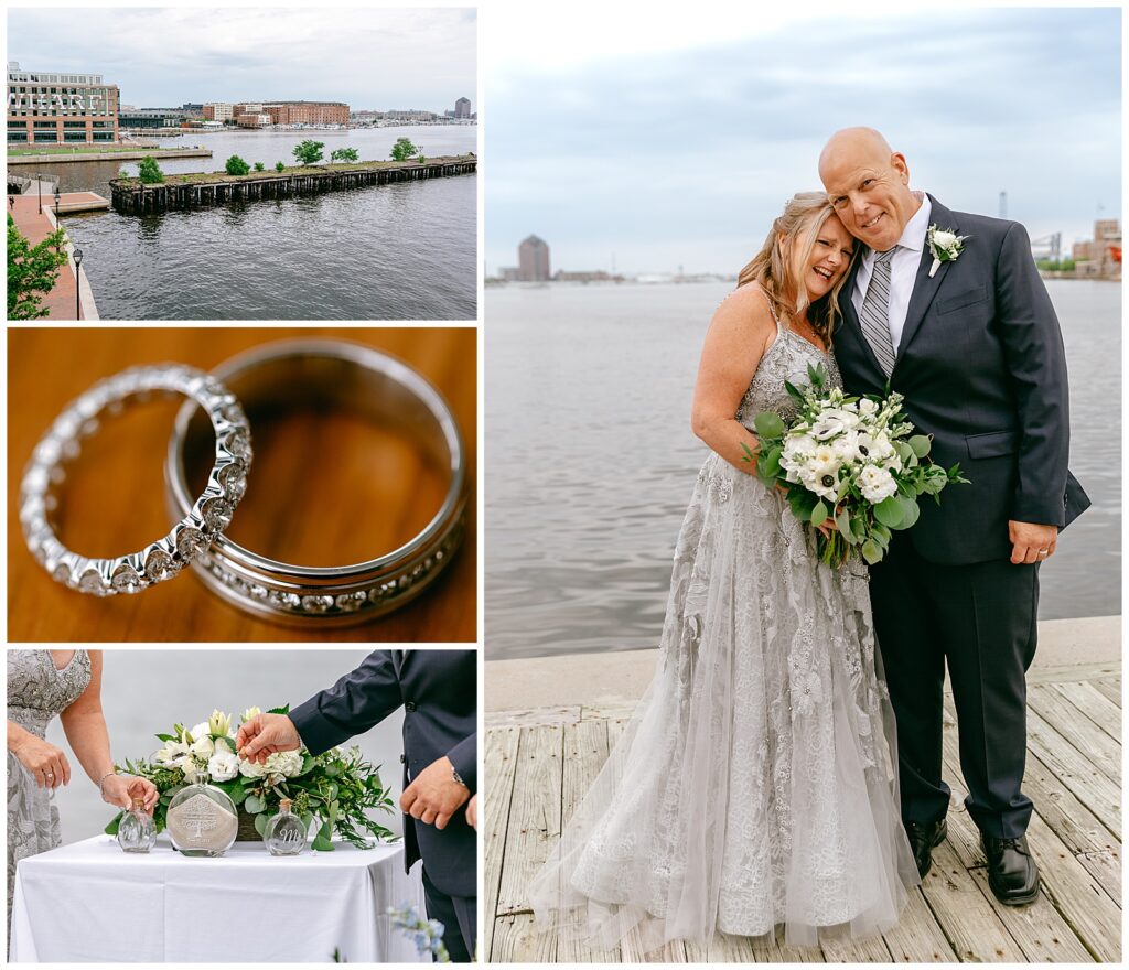 portrait of NY bride and groom posing by water and a close up of their silver wedding rings