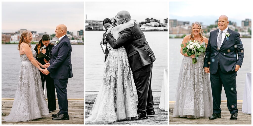 NYC couple married on dock by harbor with water in background