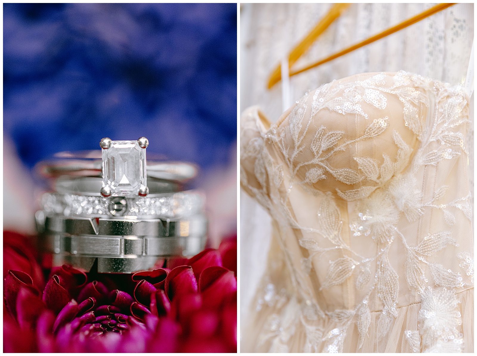 detail images of silver wedding rings on bouquet of flowers and close up shot of the bride's wedding dress