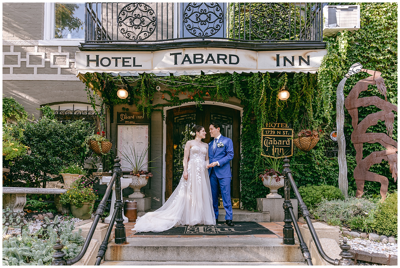 Bride and Groom on Wedding Day in front of The Tabard Inn