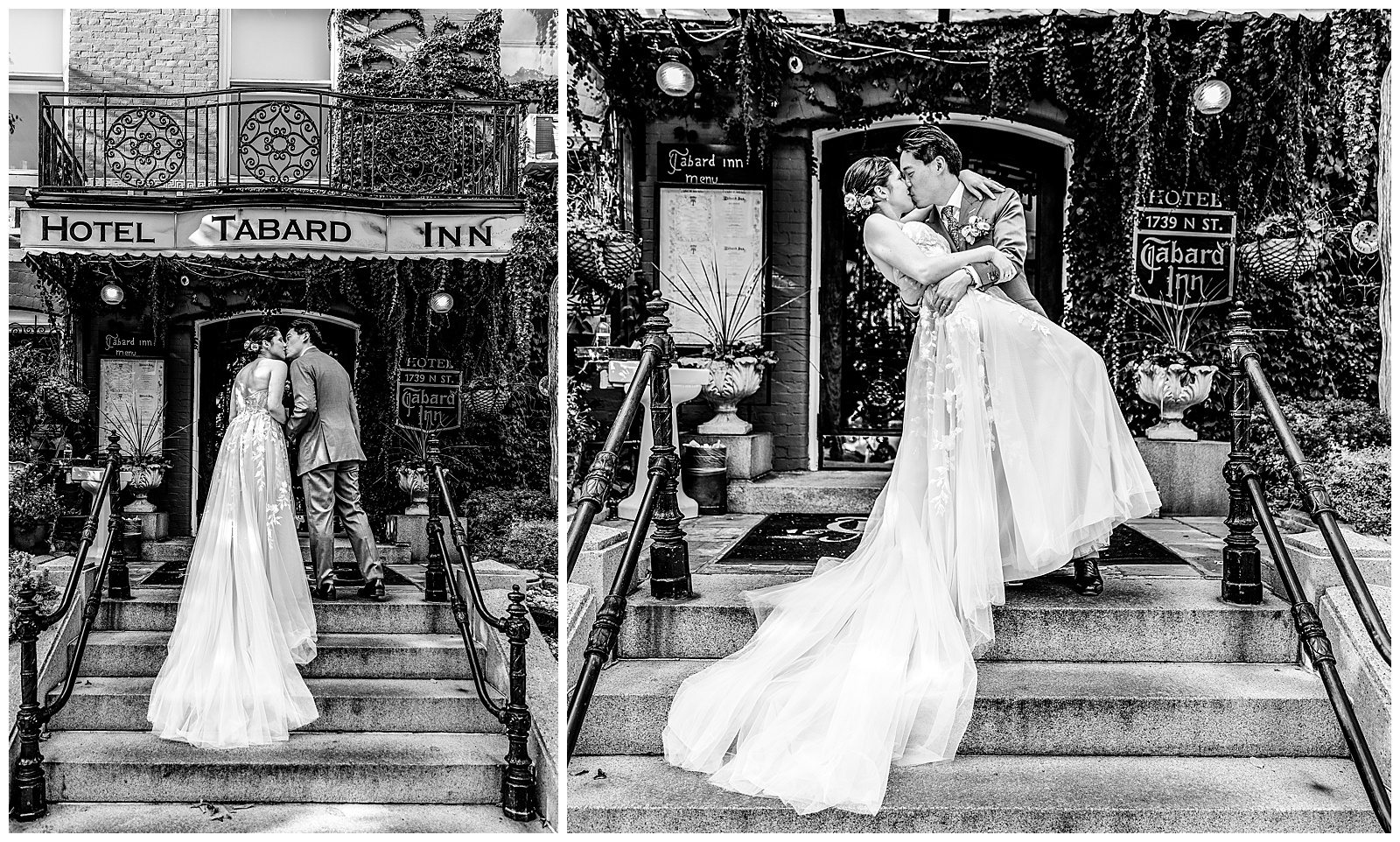 Bride and Groom Dip on Stairs Portrait