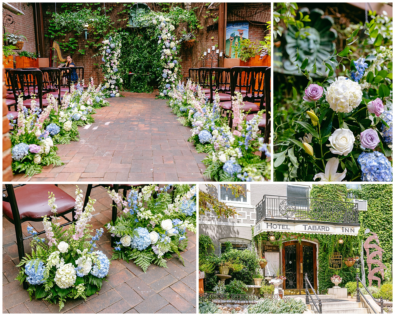 Ceremony detail photos of floral arch and flower aisle pieces