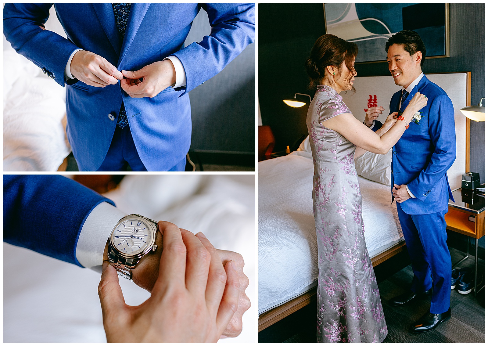 Groom and Mother Getting Ready for Wedding Day Detail images of groom buttoning his suit, checking the time on his wrist watch, and his mother adjusting his boutonnière 