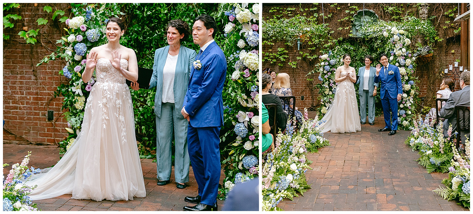 Bride and groom face towards their guests during the ceremony