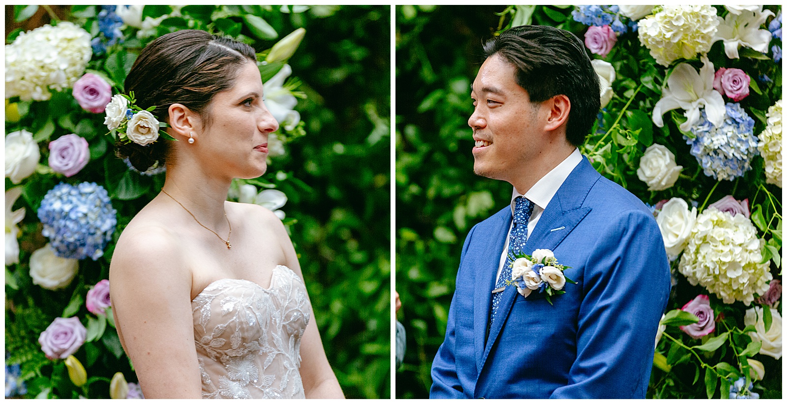 individual portraits of a bride and groom from the side profile view