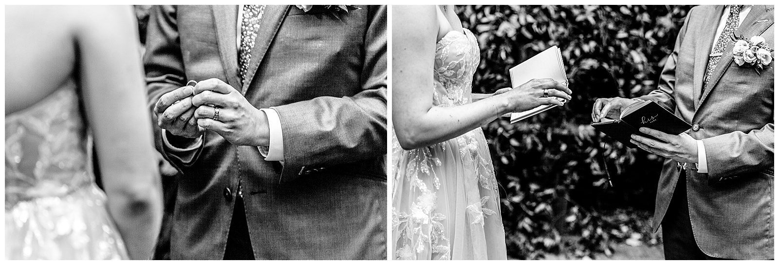 close up black and white image of bride and grooms hands exchanging rings