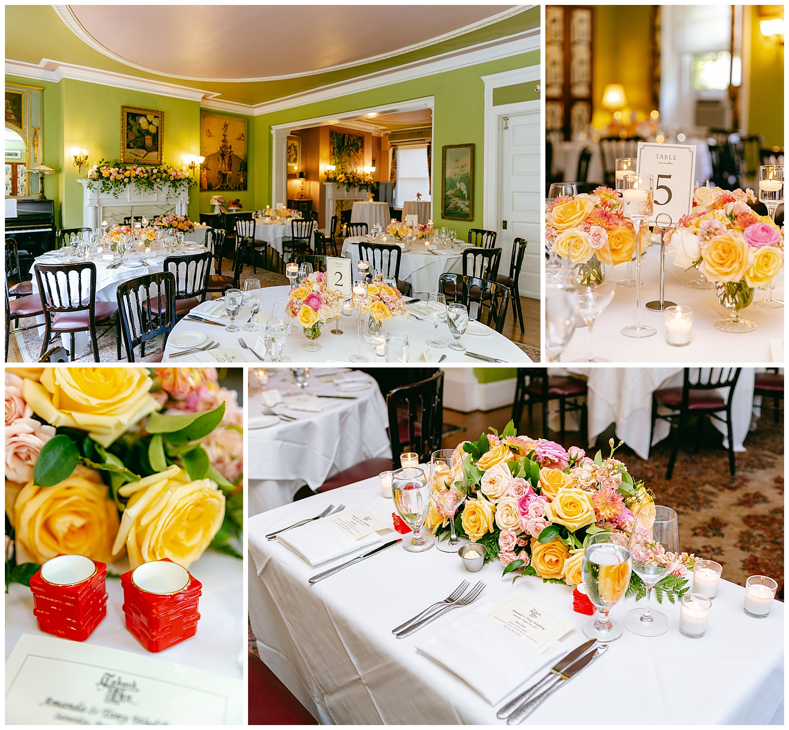 Detail images of reception space for wedding decorated with floral arrangement