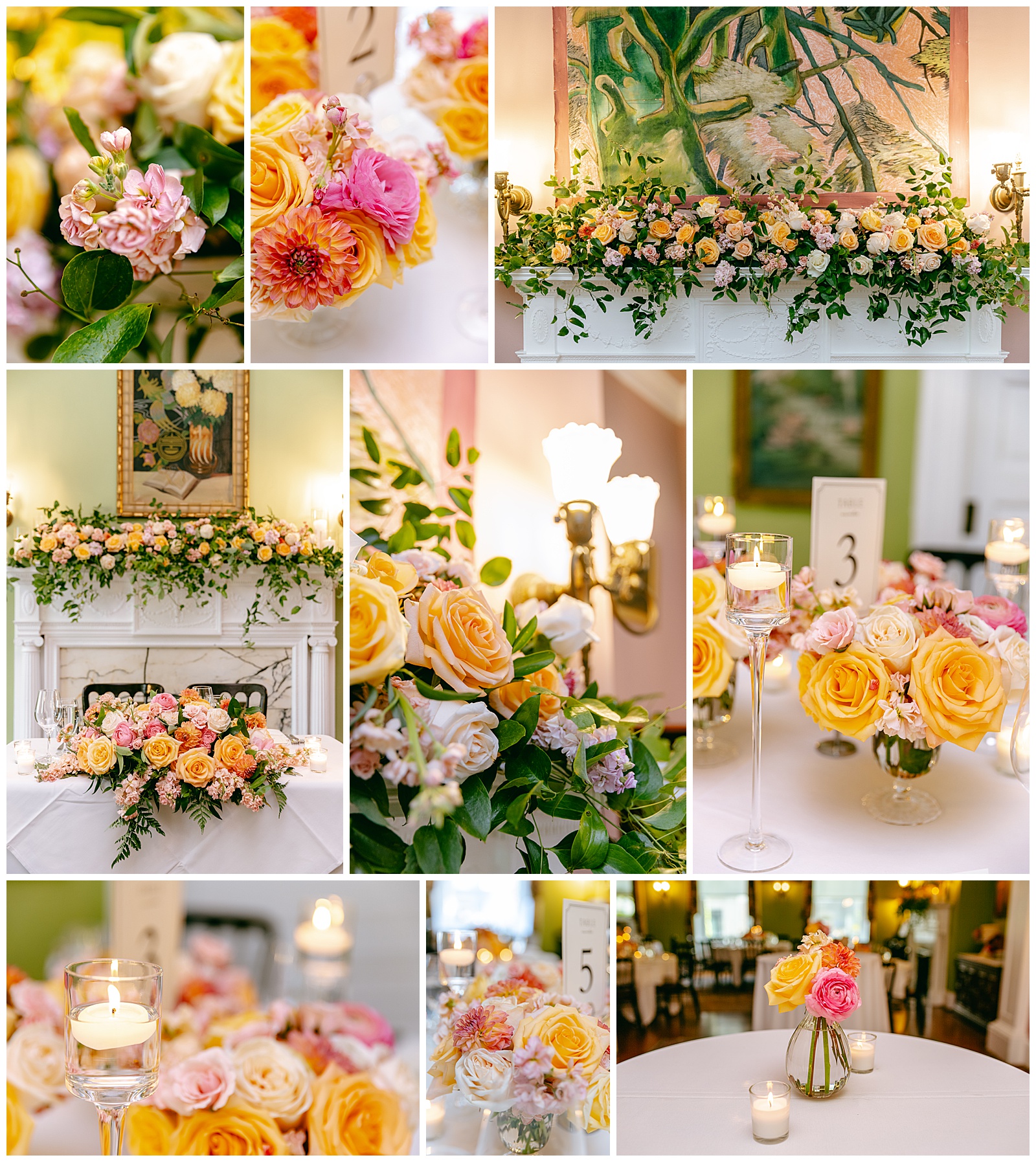 close up of flower arrangement details from wedding reception deocr