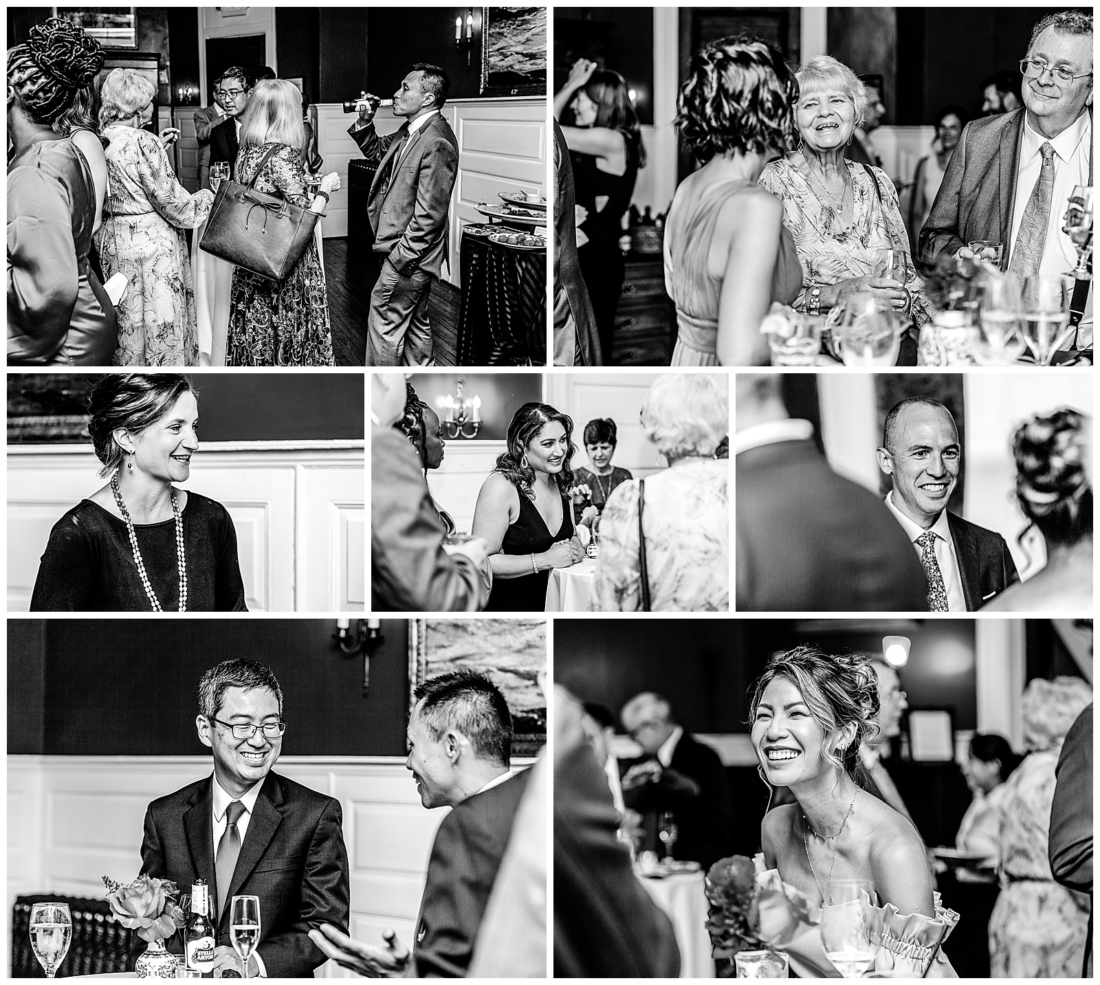 wedding guests mingling at cocktail hour in black in white photos