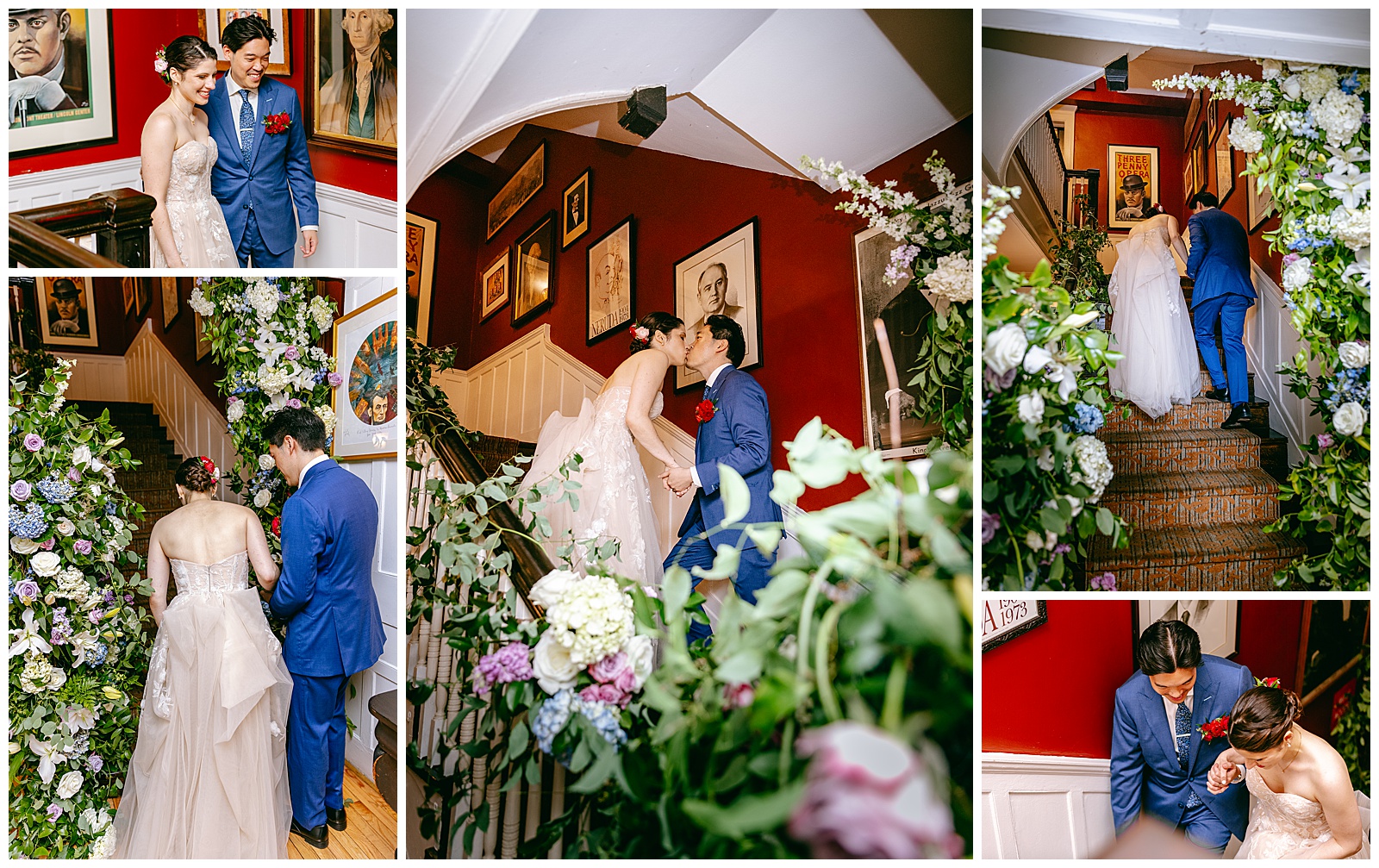 Bride and Groom heading up the stairs to their wedding day reception