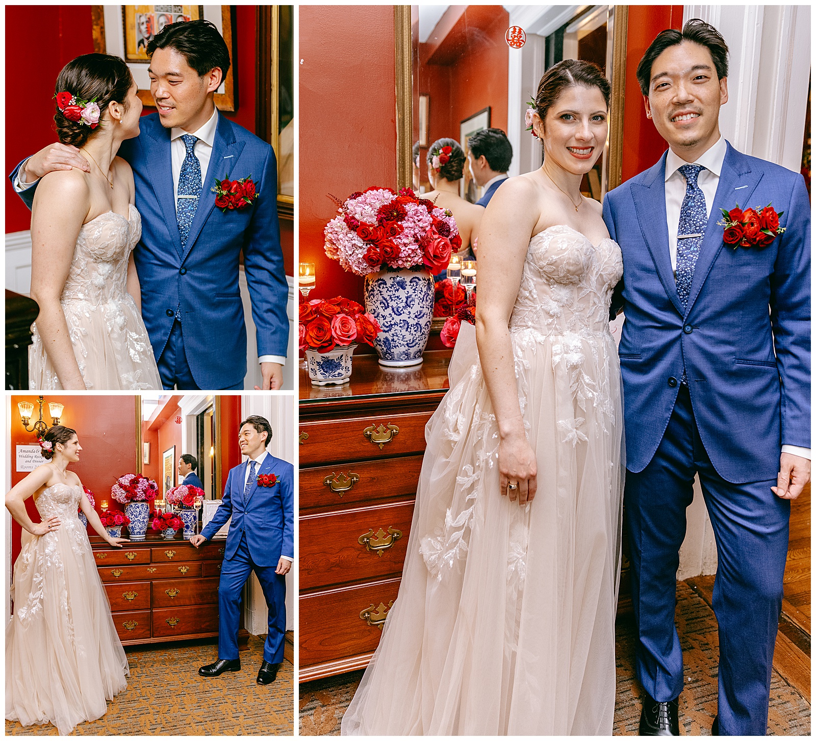 Bride and Groom Pose Next to Wedding Reception Florals