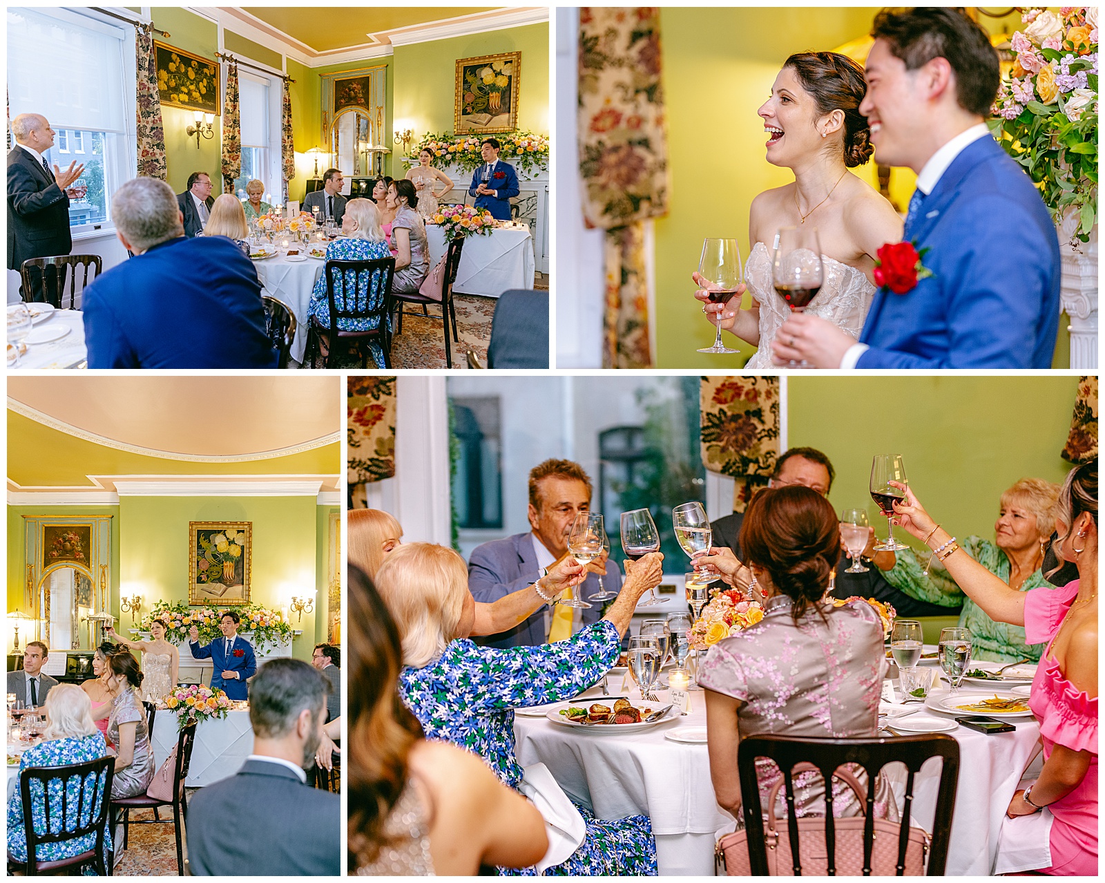 Bride and Groom Laughing with Guests giving Cheers with champagne glasses