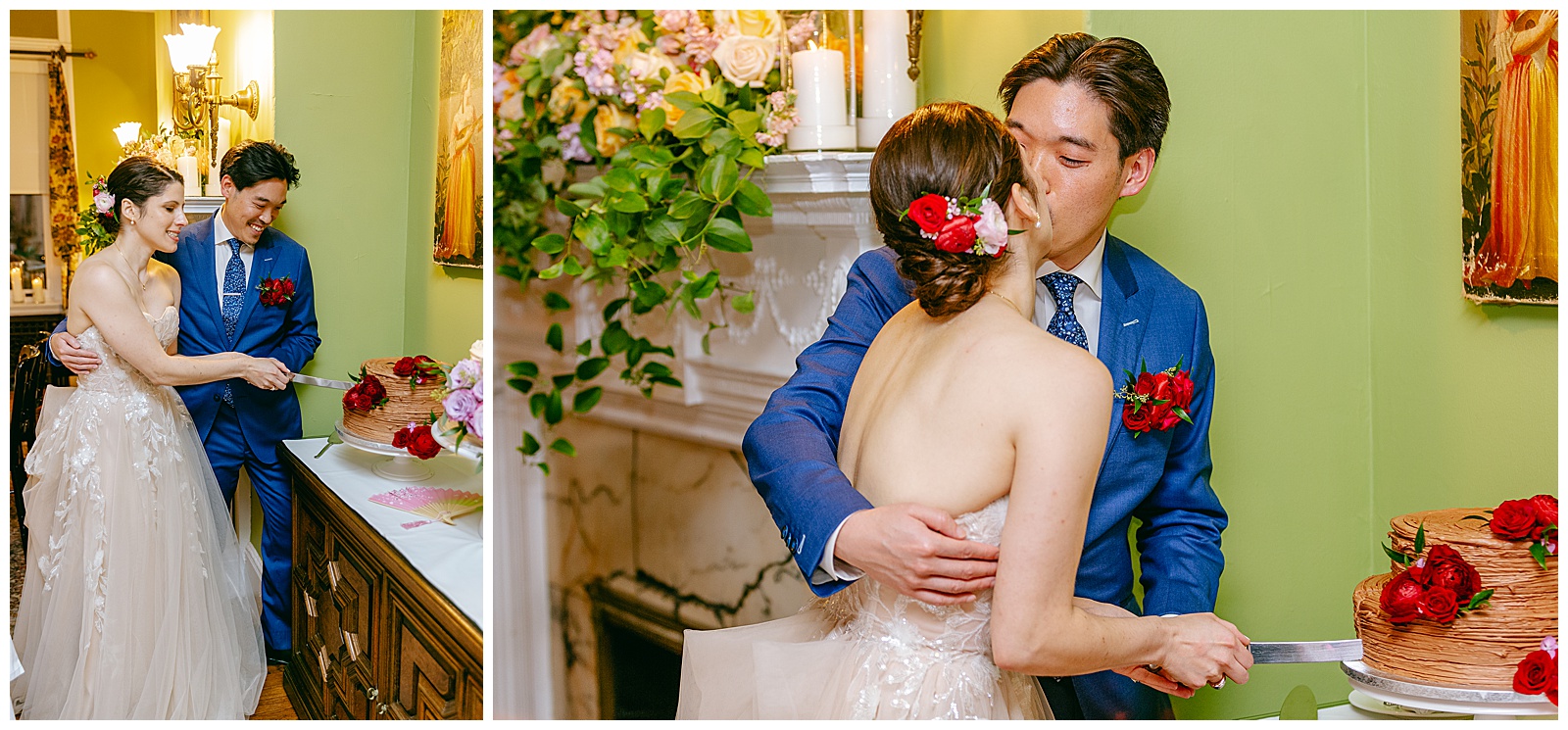 Bride and Groom Cut their wedding cake and kiss