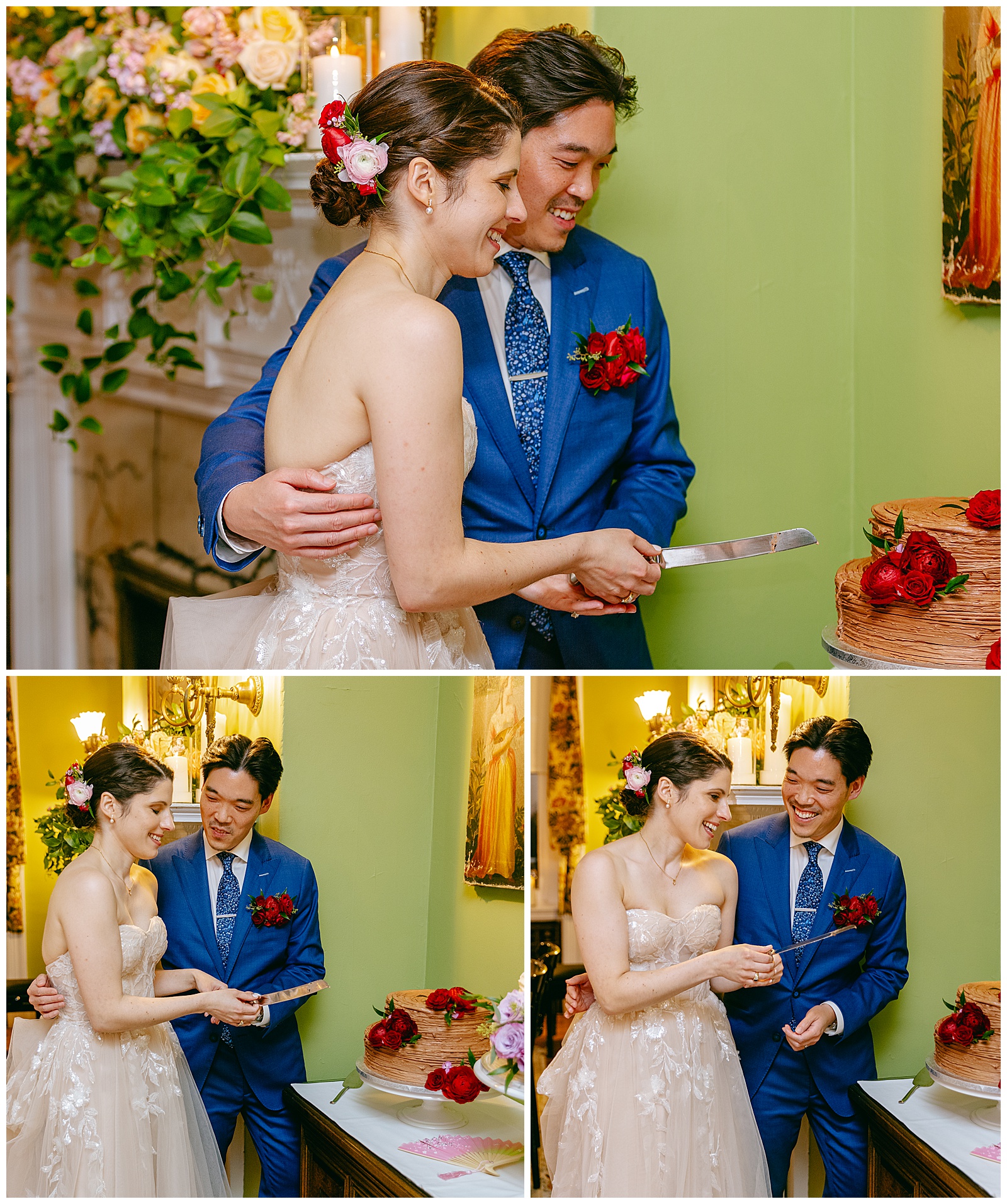 bride and groom cutting their wedding cake smile and look at each other at their reception celebration