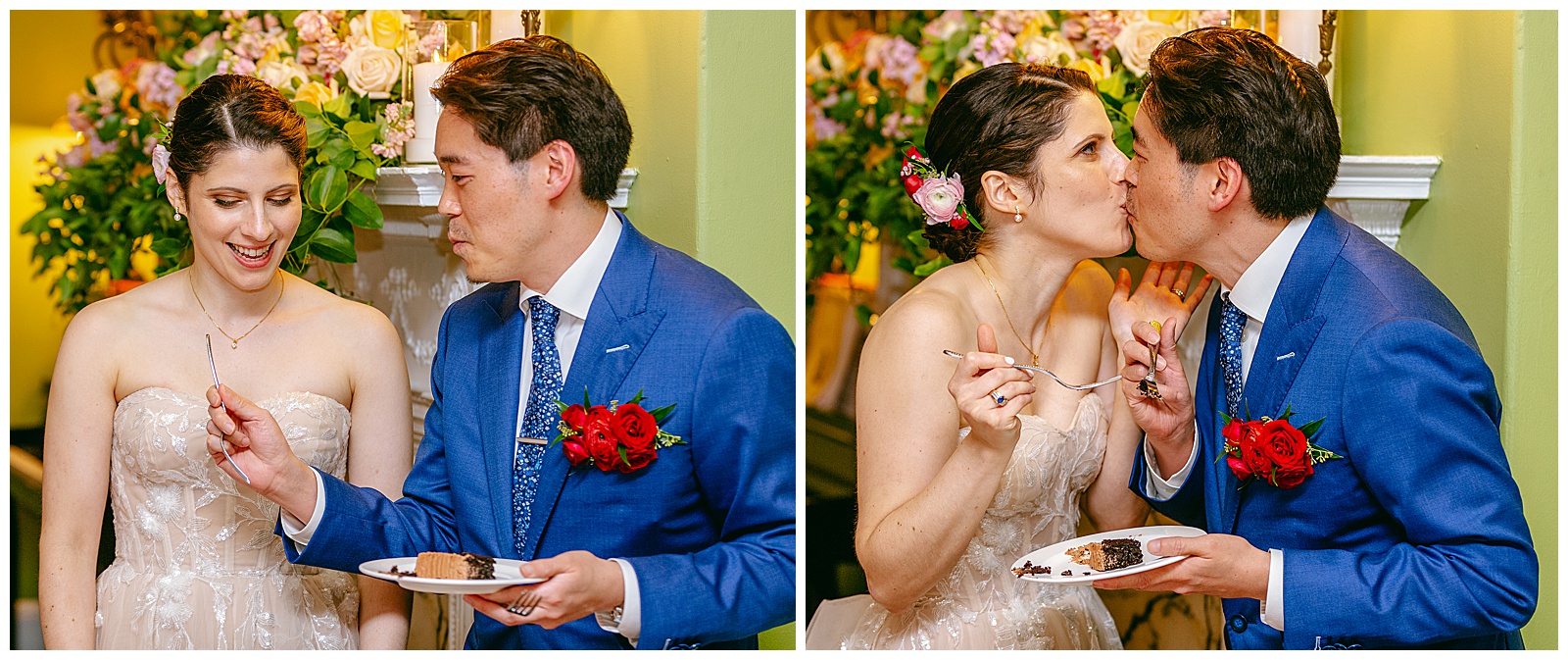 close up shots of bride and groom sharing wedding cake at their reception party