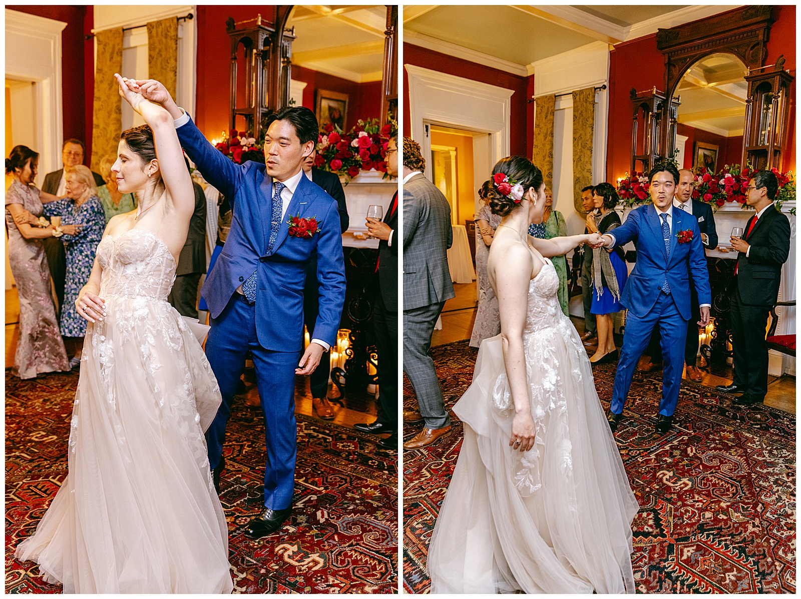 wedding day bride and groom dancing at reception party with band