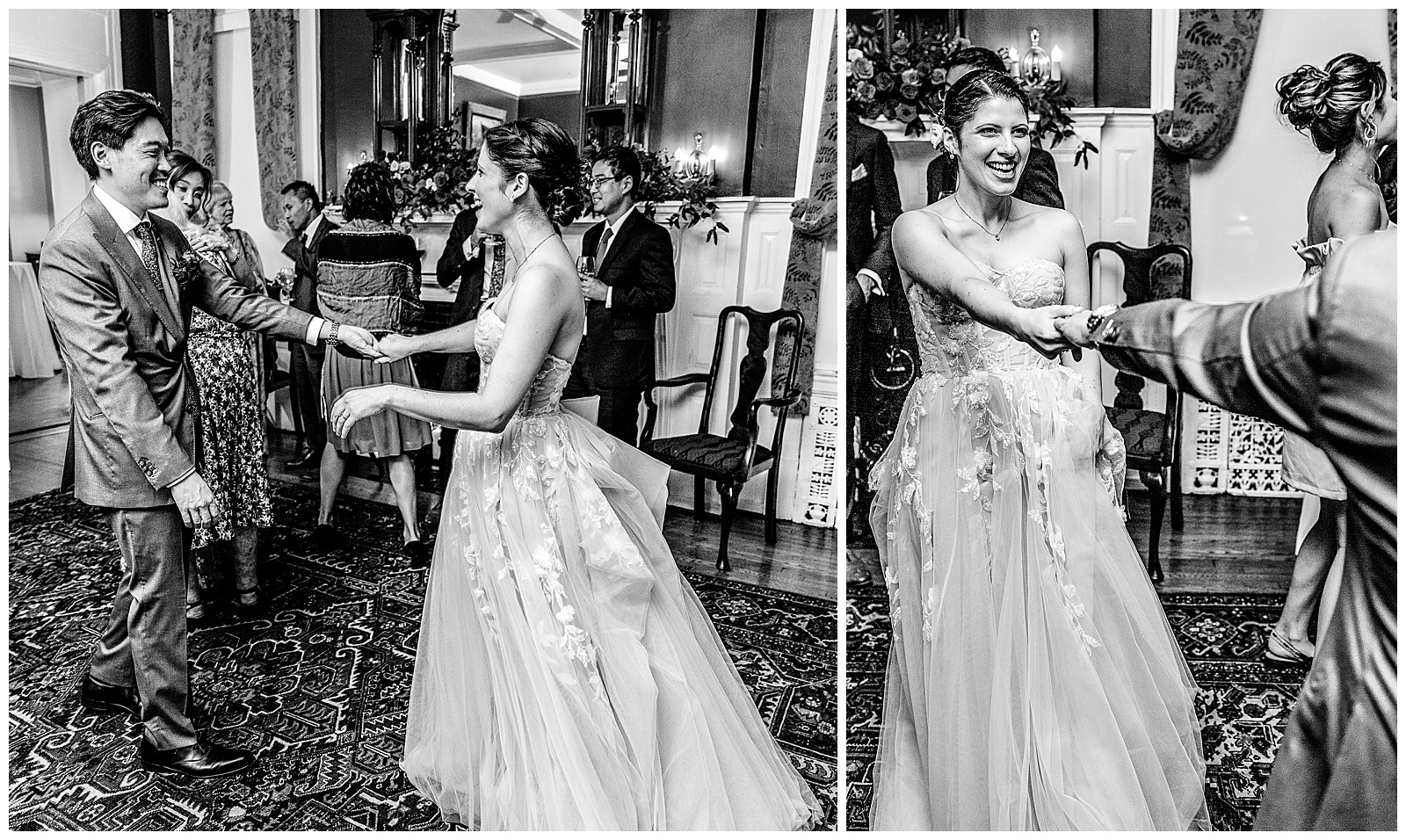 Candid black and white photo of bride and groom dancing to band at reception