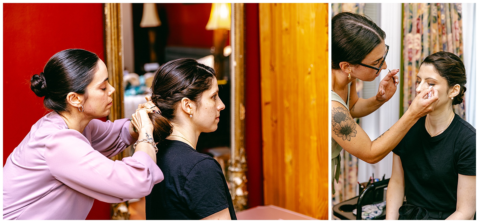 Bride getting hair and makeup done for wedding