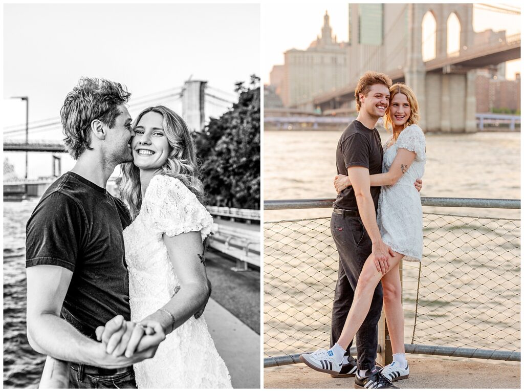 Brooklyn engaged couple near Brooklyn Bridge in park by the water