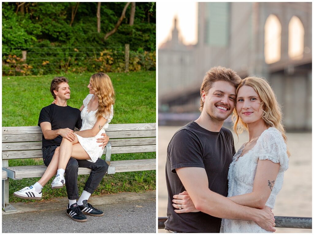 New York City wedding couple by the Brooklyn Bridge and in the park on the bench