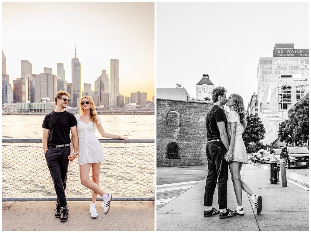 Cute engaged couple leaning up against fence and walking down the street together stop and kiss