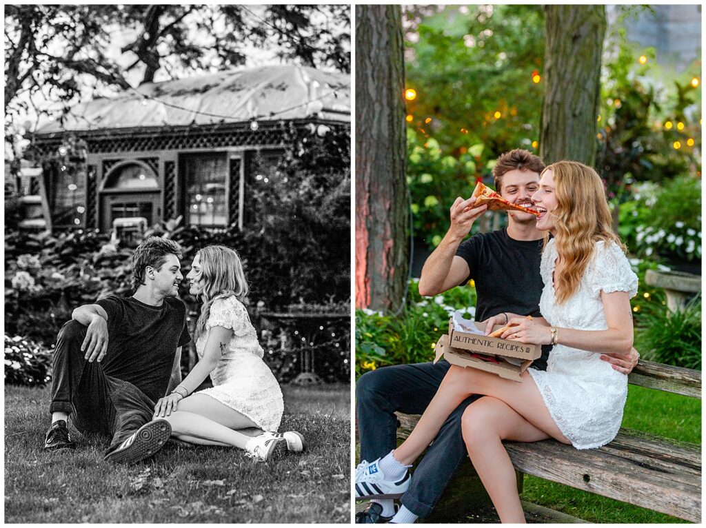 couple shares pizza together in the Jardin River garden near Ignazios pizza in NYC