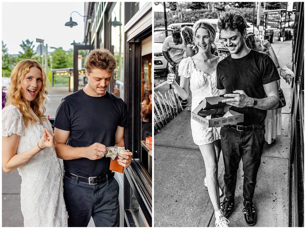 New York City couple gets pizza at ignazios during their engagement session in brooklyn new york