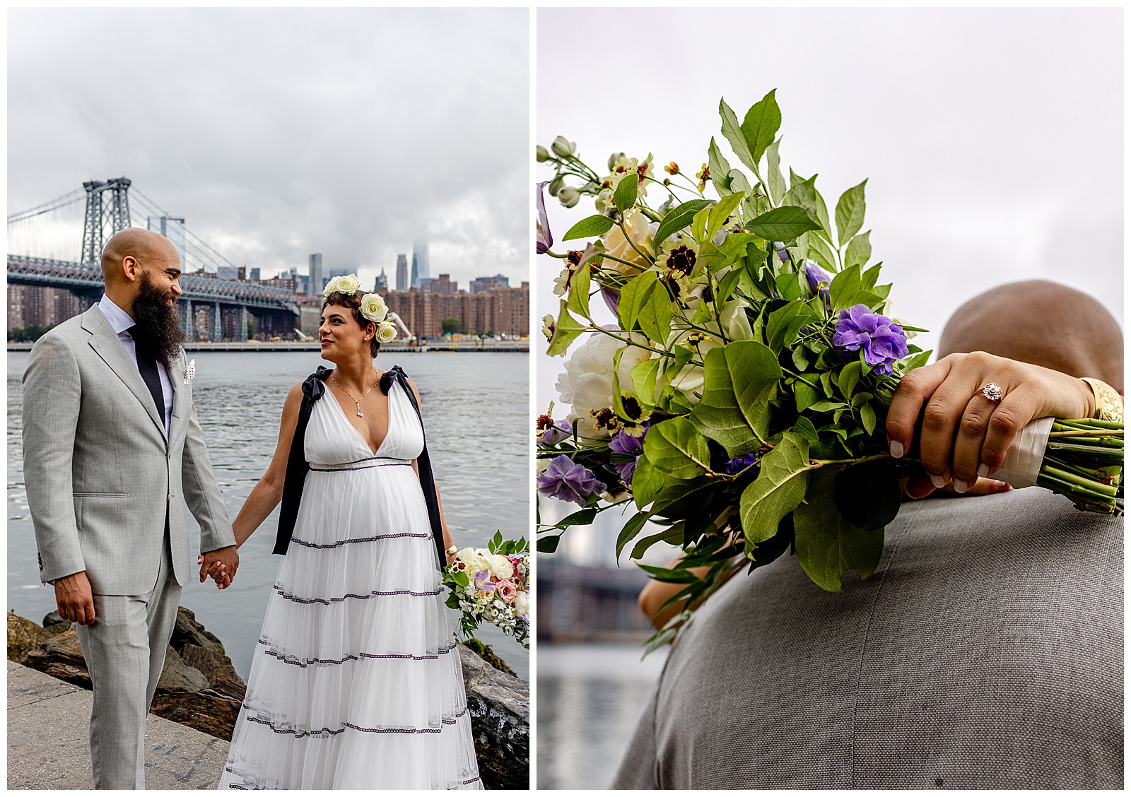 couple at Domino Park takes wedding photos