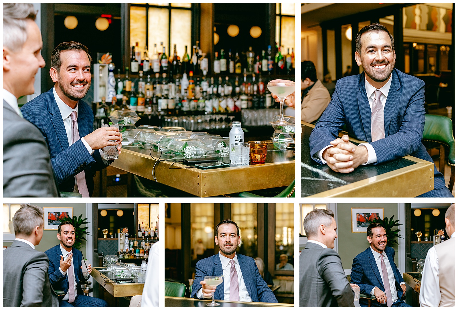 portraits of groom at no goodbyes bar on wedding day in adams morgan