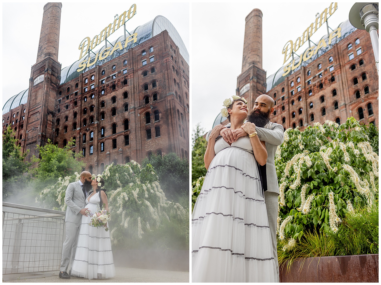 couple at Domino Sugar sign in Williamsburg