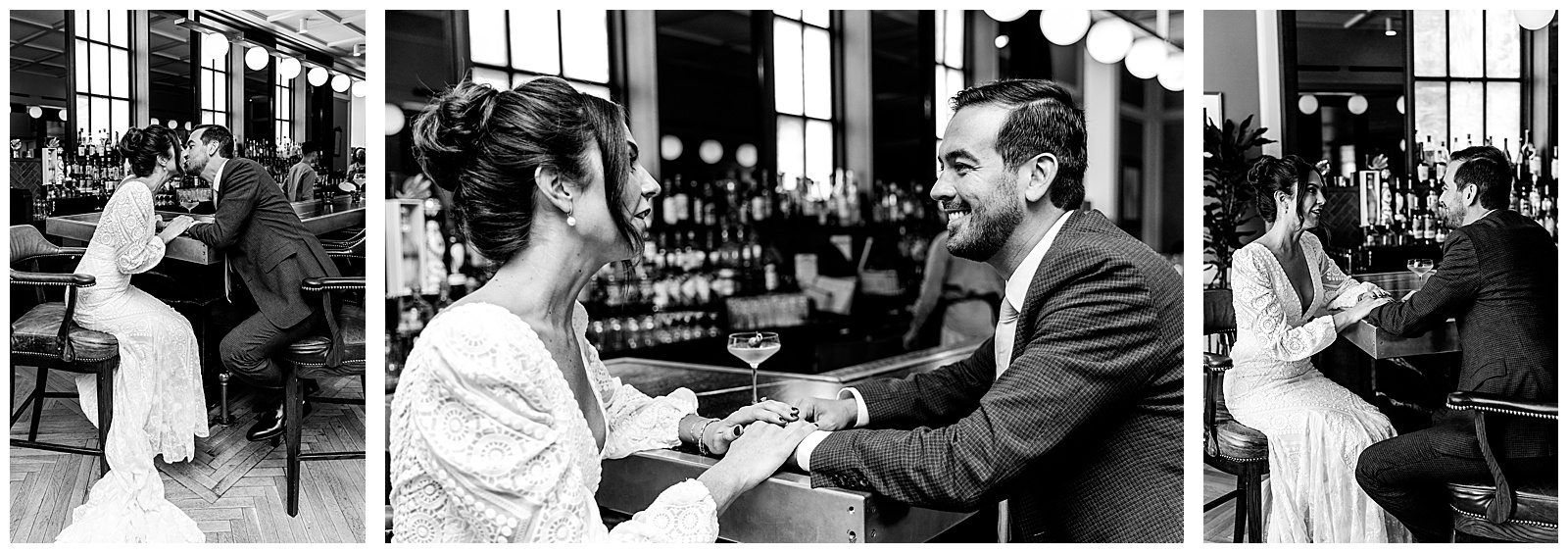 black and white portraits of couple at bar in washington dc