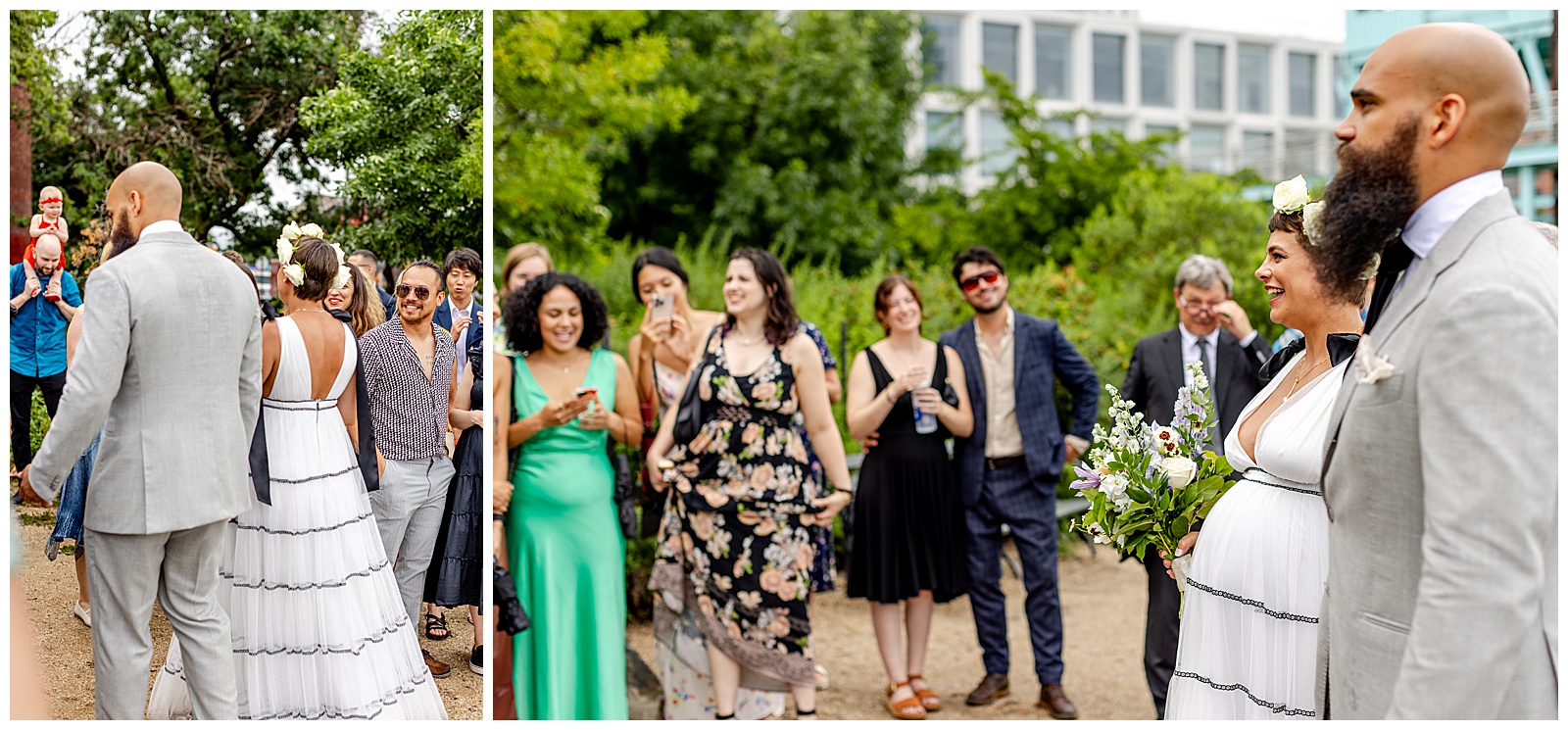 just married bride and groom walk down aisle in Grand Ferry Park Williamsburg Brooklyn New York