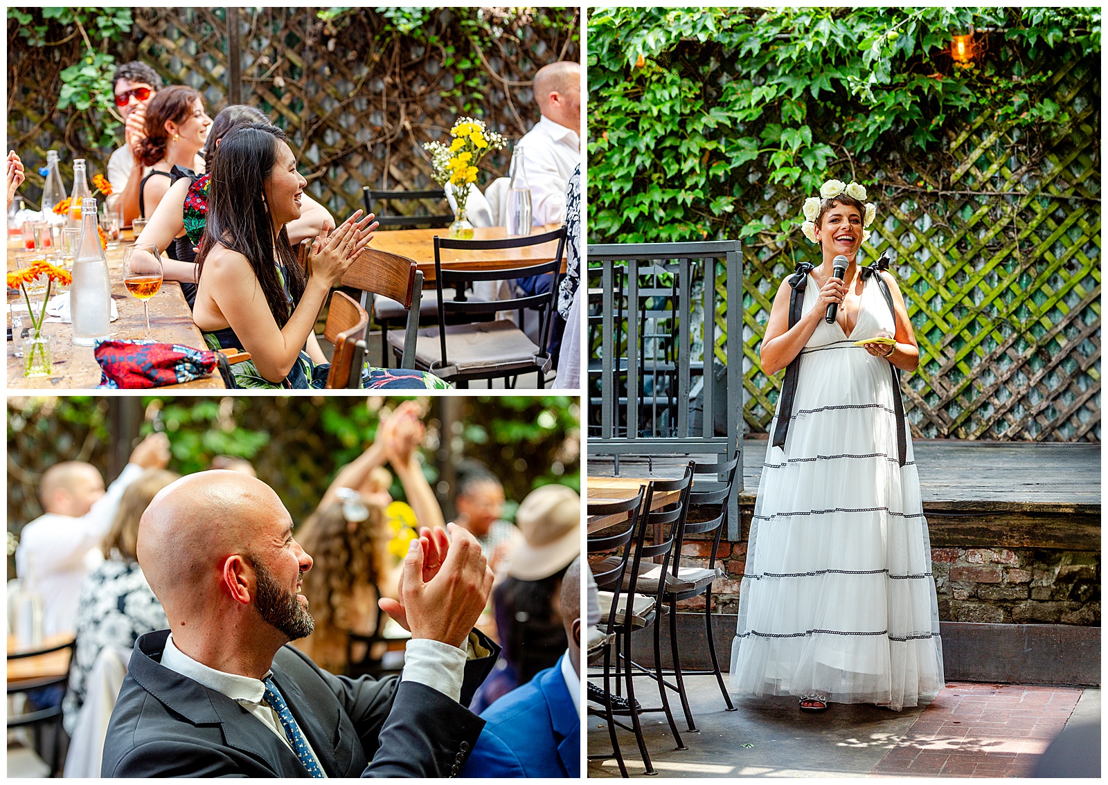 bride gives wedding toast and guests cheer clap to celebrate